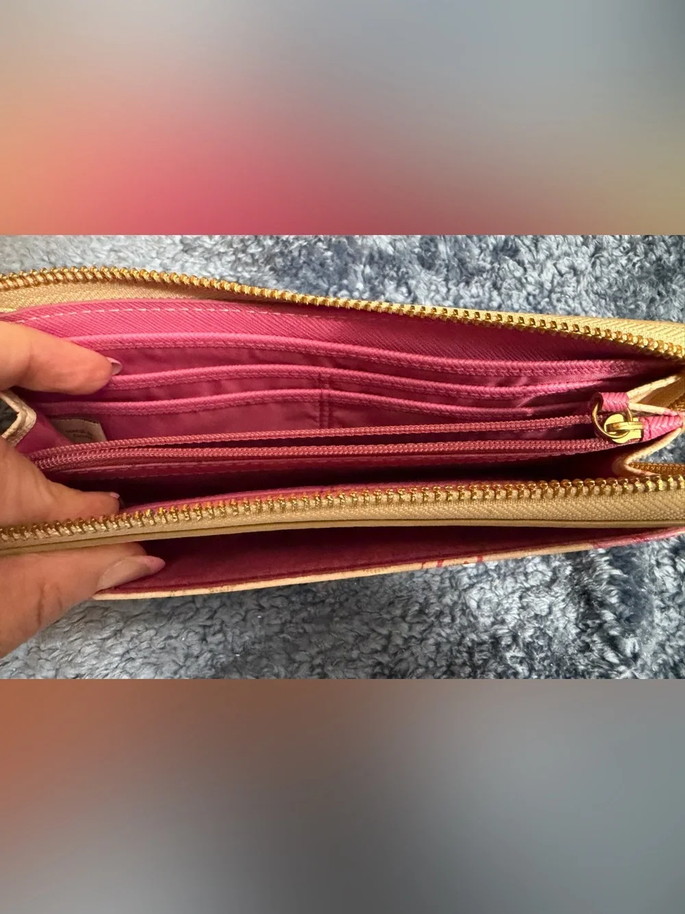 Coach Beige Signature Butterfly Zip Wallet with Pink Accents